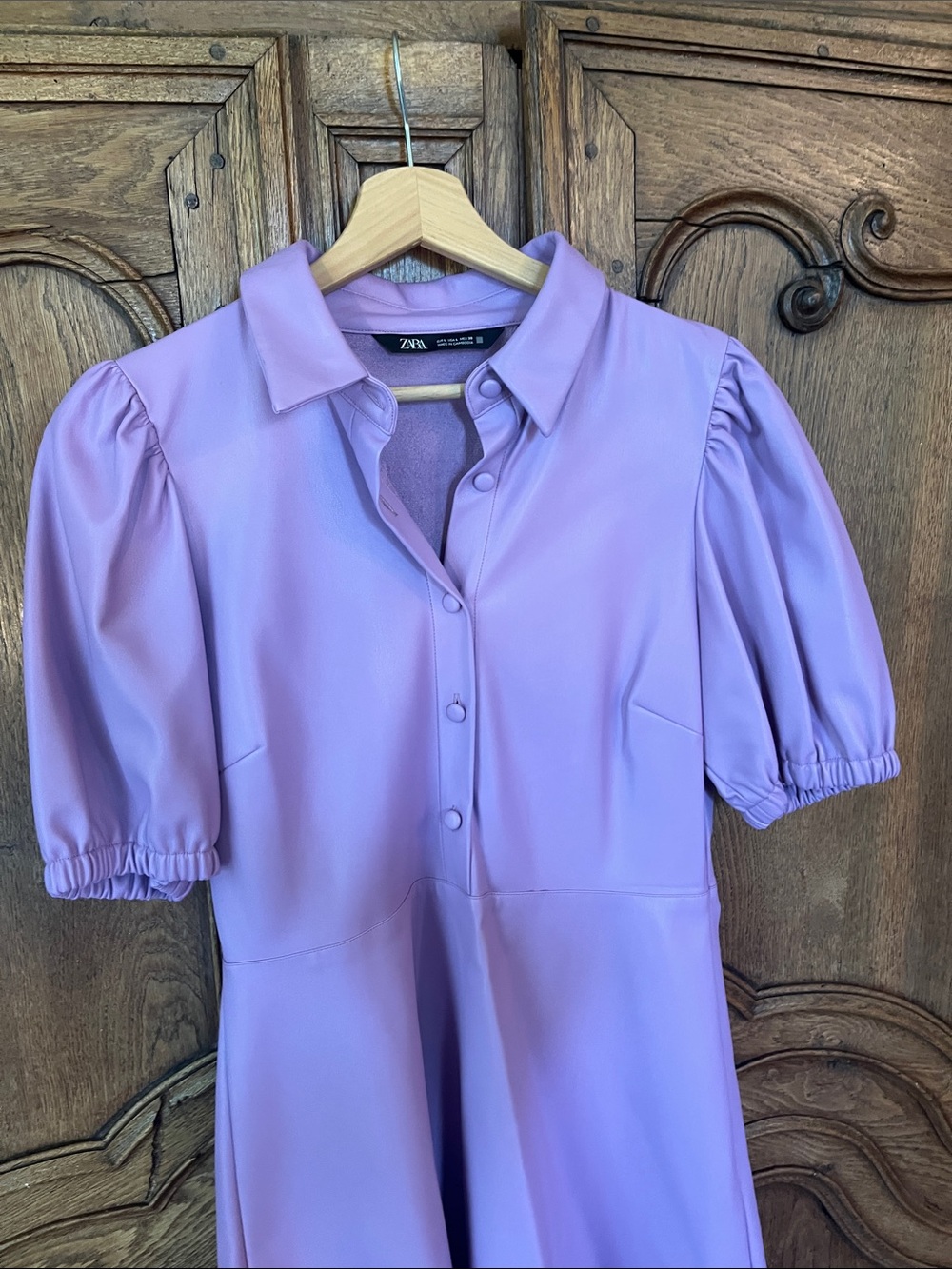 Zara Faux Leather Lilac Puff Sleeve Mauve Mini Dress - Picture 4 of 8